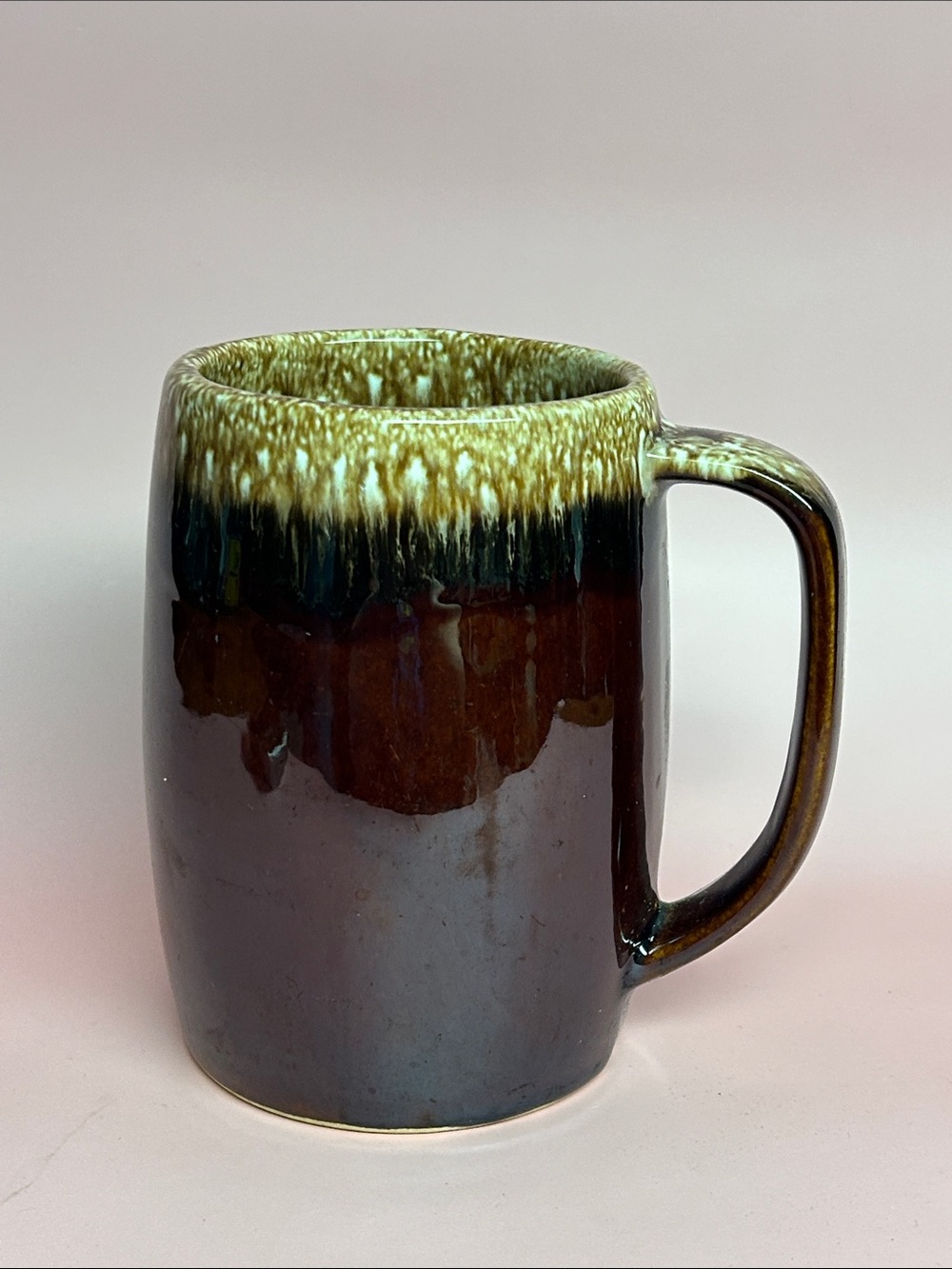 HULL USA DRIP GLAZE LARGE CUP MUG STEIN BROWN POTTERY OVEN PROOF